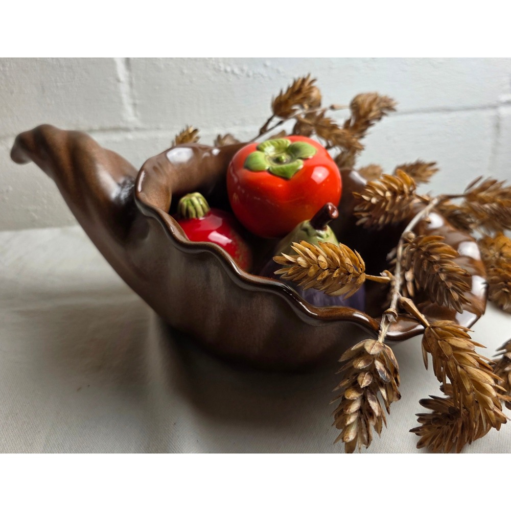 Vintage Frankoma Pottery 222 Cornucopia Horn of Plenty Brown Satin Glaze Bowl
